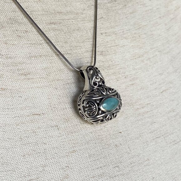 Sterling Silver 925 Chunky Bali Style Scrollwork Turquoise Pendant Necklace 18" - Picture 11 of 16